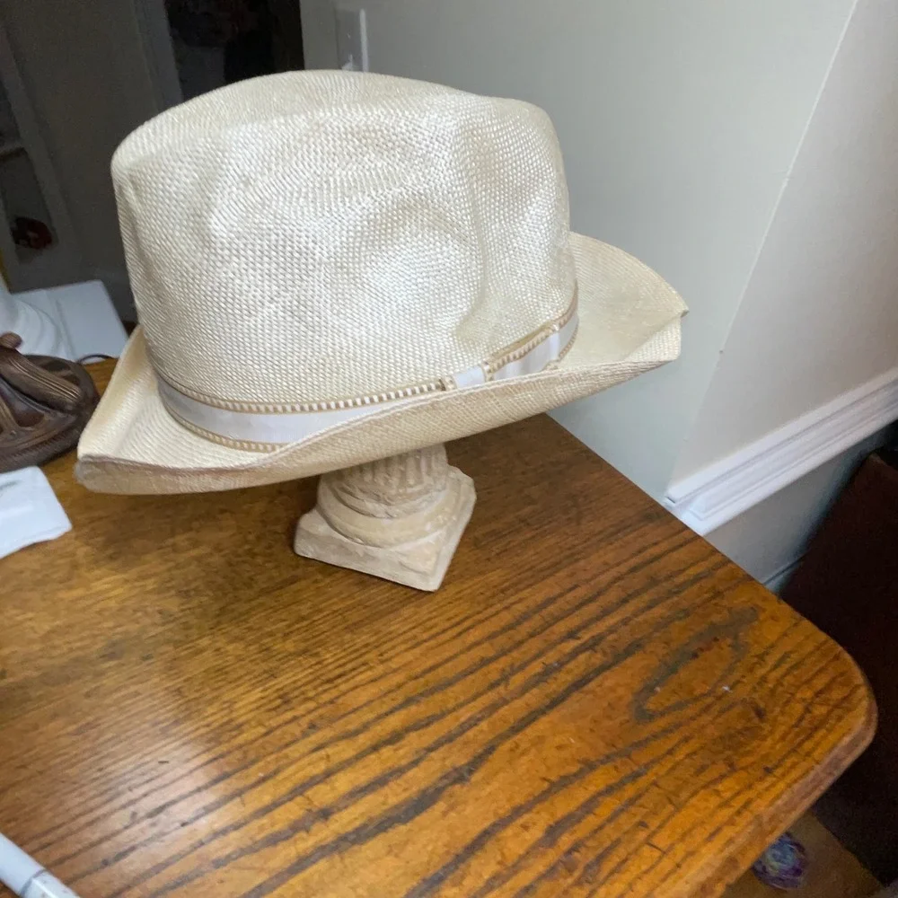 Stetson Straw Fedora Hat Cream Off White Woven Panama Style Size 7 5/8 61cm Luxe - Picture 6 of 15